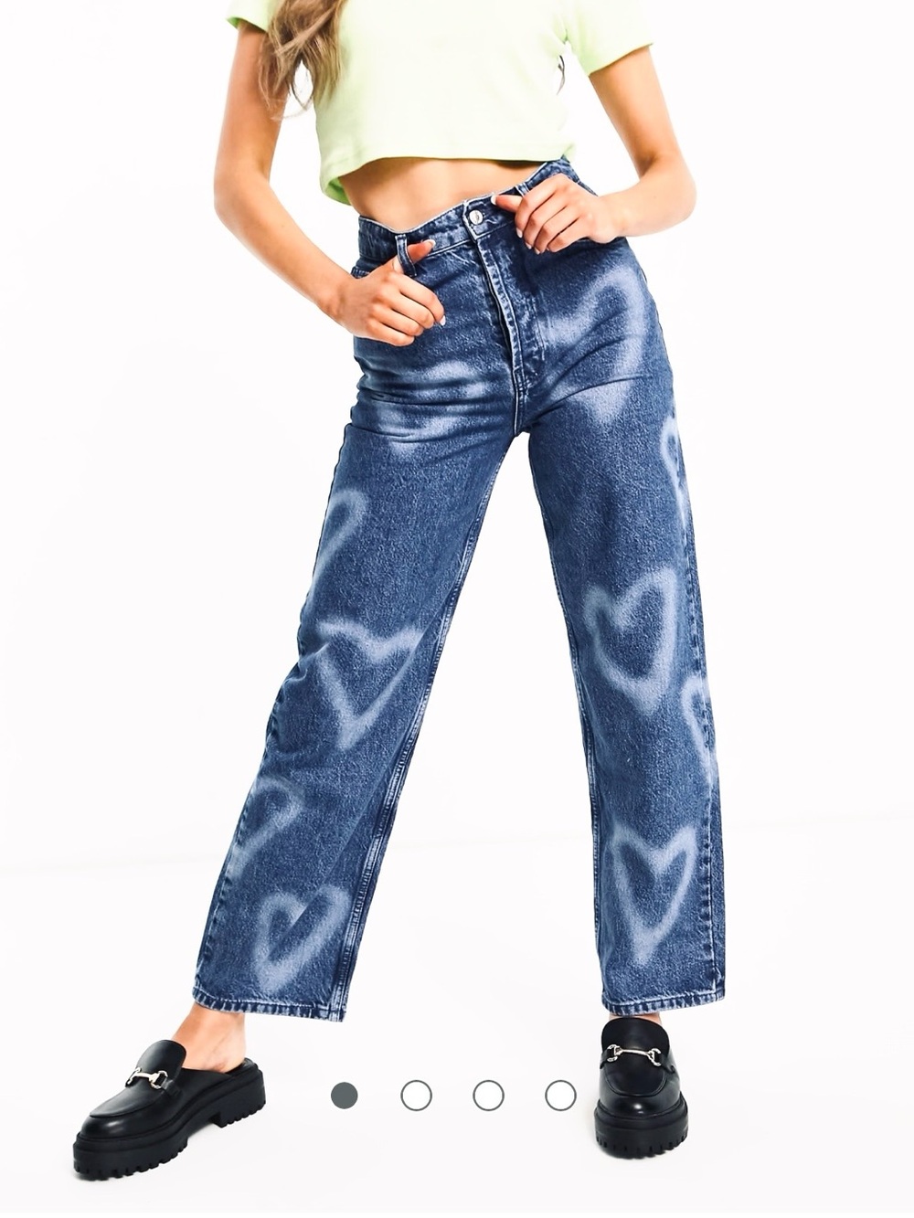 Topshop Jeans w Bleached Hearts mid blue Size 24 Petite Y2K Cotton Straight Mom